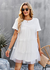 Mesh Stitching Round Neck Solid Color Dress