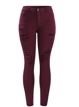 Red Mid High Waisted Stretch Ripped Skinny Jeans