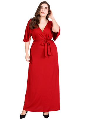 Deep Red V-neck Short Sleeve High Waist Sexy Dress
