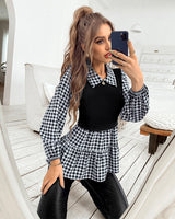 Fake Two-piece Plaid Collar Shirt