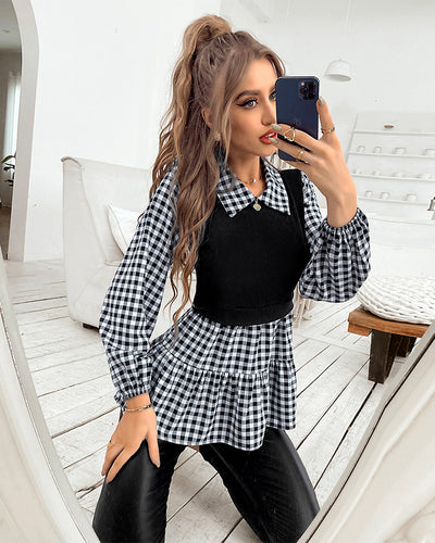 Fake Two-piece Plaid Collar Shirt