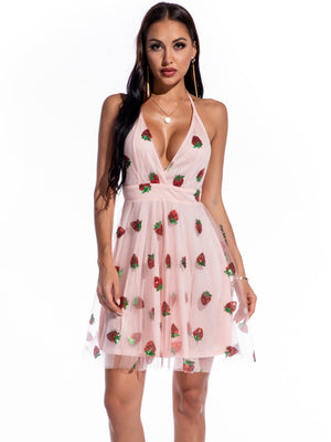 V-neck Suspender Strawberry Sequined Dress
