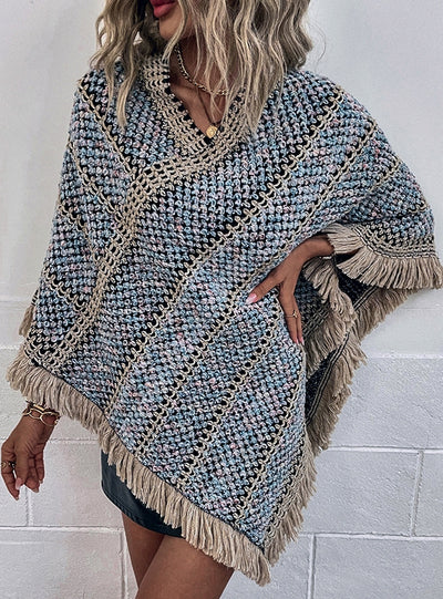 Contrast Striped Fringed Pullover Cape Shawl