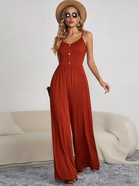 Solid Color Casual Sleeveless Loose Jumpsuit