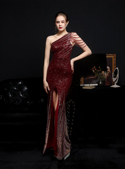 One Shoulder Sequins Beading Party Dress With Split