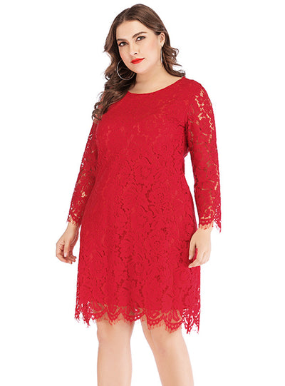 Long Sleeve Red Lace Large Size Dress