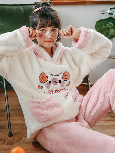 Pink Sheep Pocket Coral Fleece Pajamas Women Padded