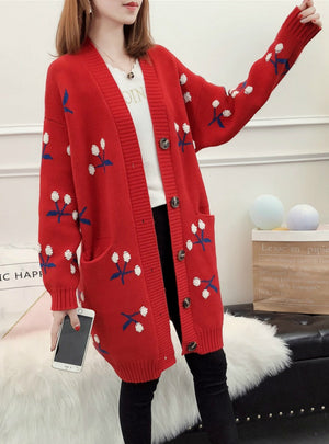 Knitted Cardigan Long Cherry Long Sleeve Sweater
