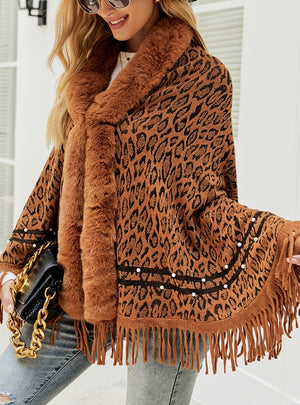 Leopard Print Fur Collar Tassel Warm Scarf Shawl