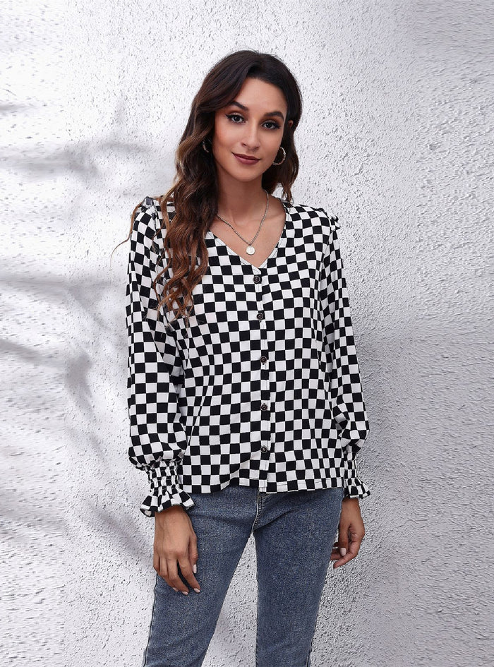 V-neck Long-sleeved Chiffon Shirt