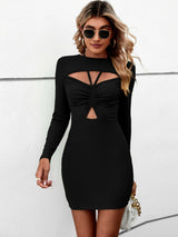 Casual Halter Hollow Short Long Sleeve Dress