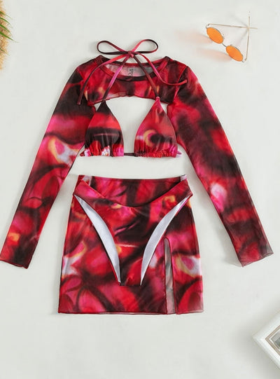 Printed Gauze Skirt Three-piece Bikini