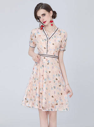 V-neck Floral Short Sleeve Chiffon Print Dress