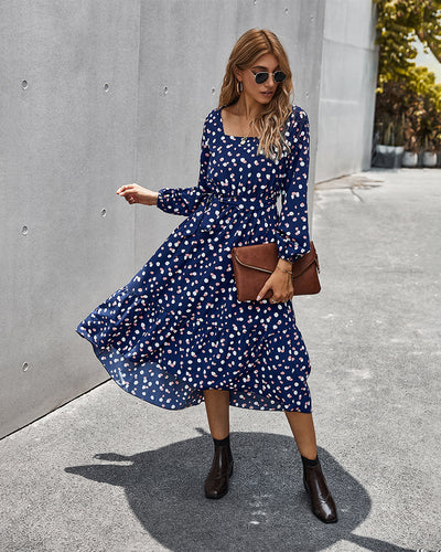 Printed Elegant Square Collar Dress