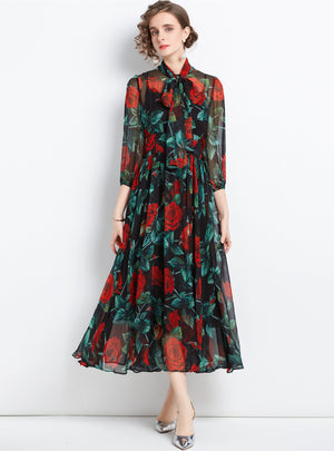Rose Printed Slim Long Sleeve Chiffon Dress