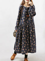 Winter Vintage Print Casual Long Sleeve Floral Dress