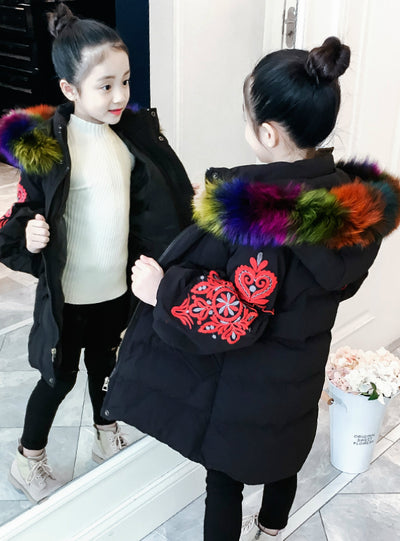Girl Winter Embroidery Puff Sleeve Down Jacket