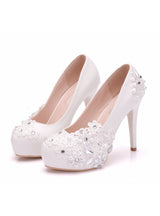 White Lace Flower Pearl Wedding Shoes