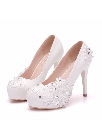 White Lace Flower Pearl Wedding Shoes