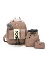 3Pcs/Set Backpack Women Fashion Wood Grain Fur