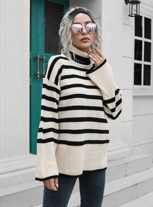 Striped Slit Turtleneck Mid-length Sweater