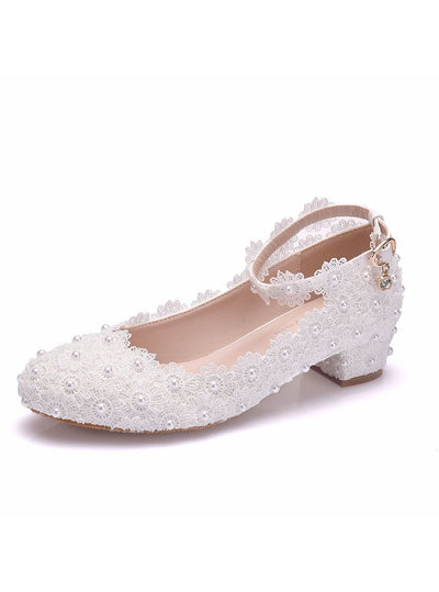 White Round Head Lace Wedding Shoes