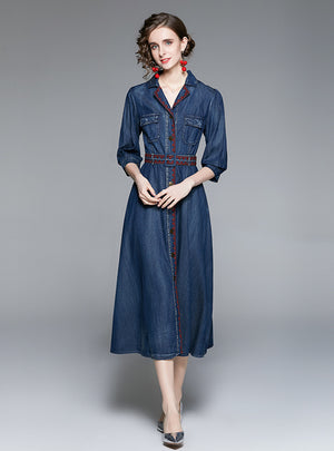 Embroidered Denim Vintage Shirt Long Dress