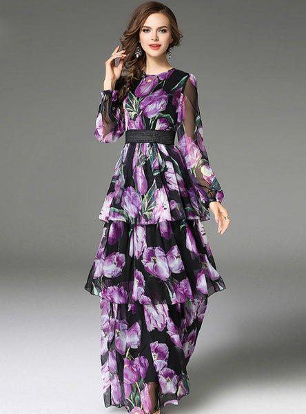 Floral Printed Maxi Dress Early Chiffon Long Party Dress