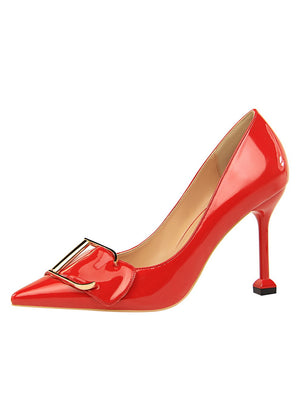 Patent Leather Pointed Metal Belt Buckle Shoes