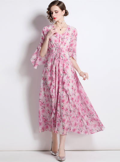 Pink Chiffon Holiday Seaside Floral Dress