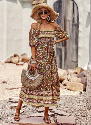 Beach Square Neck Bohemian Print Dress