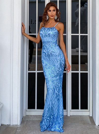 Thin Shoulder Strap Blue Sleeveless Long Dress
