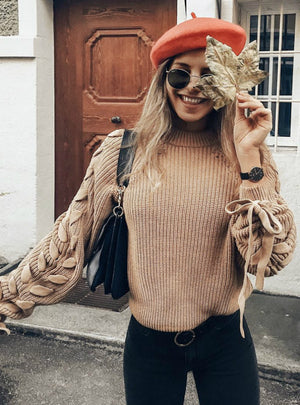 Women Sweater Round Neck And Long Sleeve Strap