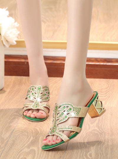 Rhinestones Slippers Fashion Hollow Out High Heels 