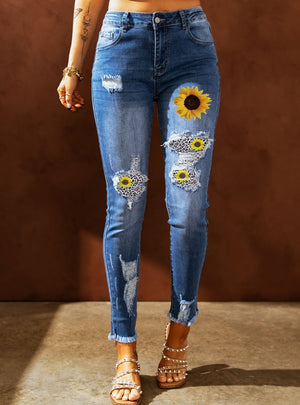 Wear and Tear Printed High-waisted Jeans