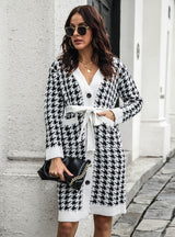Cardigan Houndstooth Single-breasted Knitted Dress