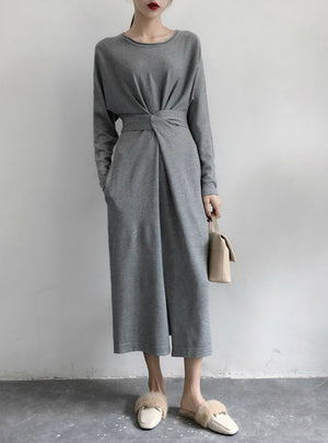 Women Long Sleeve Split Knitted A-line Midi Dress