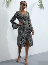 V-neck Black Long Sleeve Polka Dot Dress