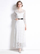 White Long Sleeve Lace Long Dress