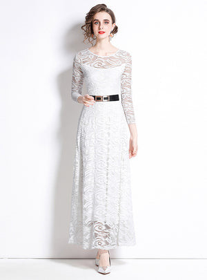 White Long Sleeve Lace Long Dress