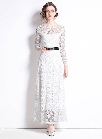 White Long Sleeve Lace Long Dress