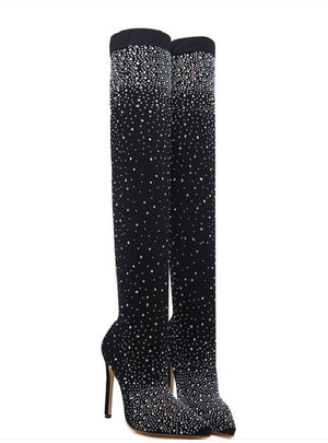 Pointed Rhinestone Stiletto Heel Knee-length Boot