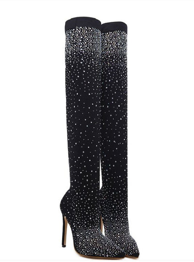 Pointed Rhinestone Stiletto Heel Knee-length Boot