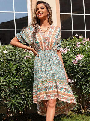 Printed Irregular V-neck Bohemian Dress