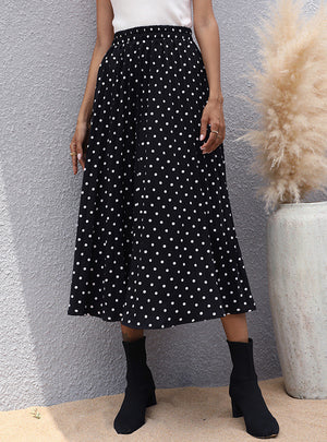 Black Pleated Polka Dot Elastic Waist Skirt