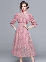 Lace Stand Collar Waist Puff Sleeve Dress