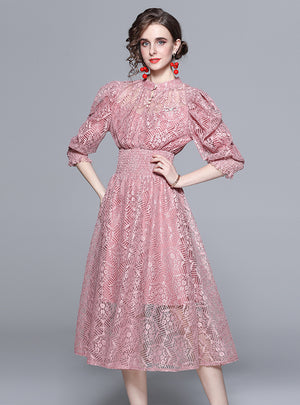 Lace Stand Collar Waist Puff Sleeve Dress