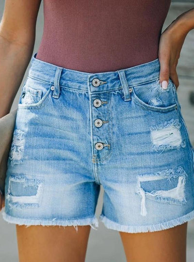 Hole Patch Tassel Breasted Denim Shorts