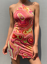 Wave Print Cute Backless Halter Dress