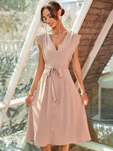 V-neck Belt Waist Swing Dress